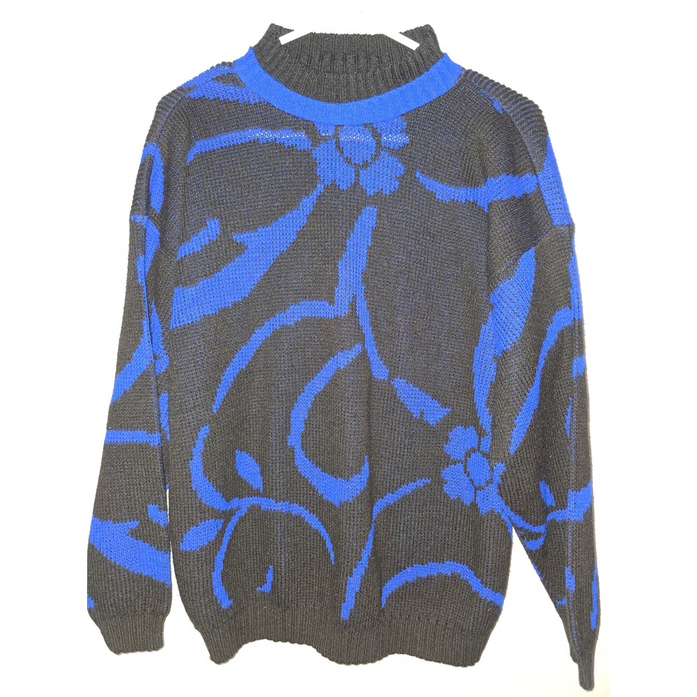 Vintage Nan Dorsey Blue Floral Intarsia Knit Sweater Black Made in USA 80s